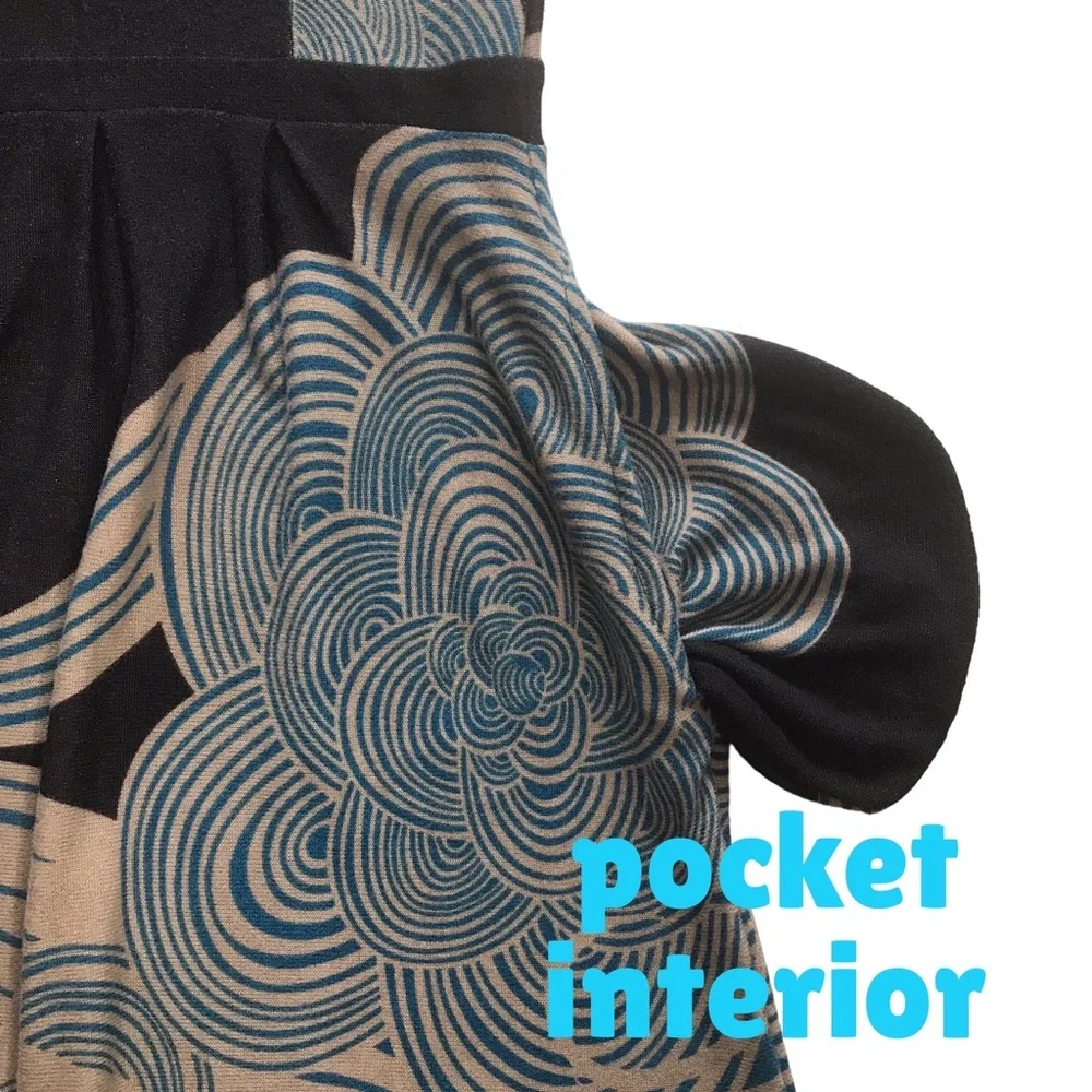 REBORN Boho Swirls Dress Pockets Size L Black Blue Art Deco 3/4 Sleeves Comfy